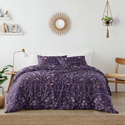 Sweet Jojo Designs Boho Wildflower Vintage Floral Girl 3pc King Duvet Cover Bedding Set - Purple, Teal, Botanical Garden, Flower