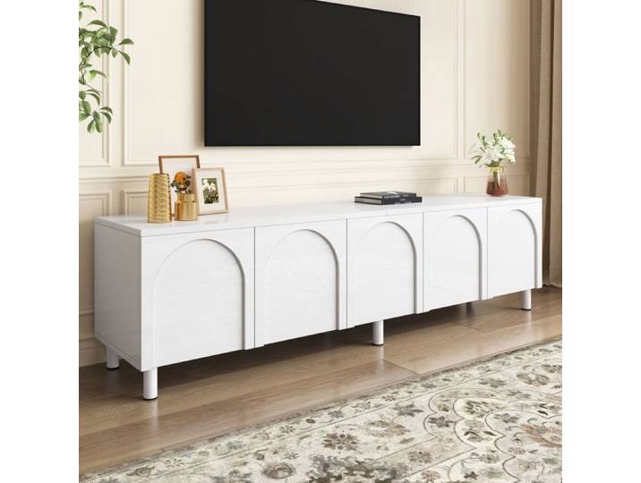 Meuble TV de salon H 180 cm cinq portes cinq compartiments de rangement pieds métalliques meuble bas moderne et épuré blanc