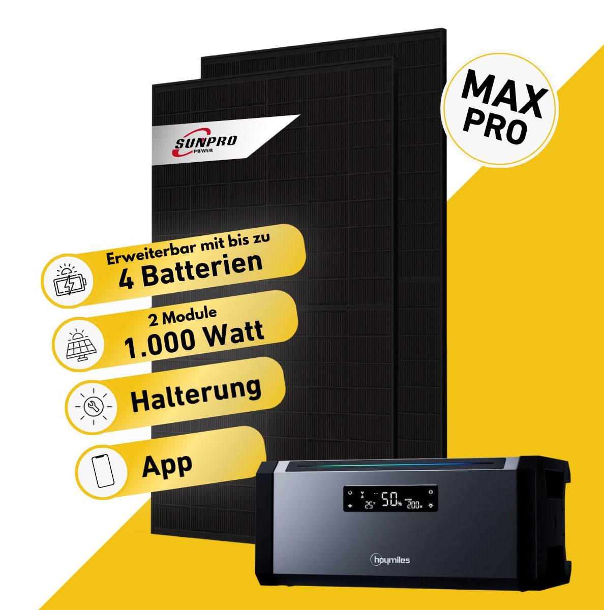 Balkonstrom Balkonkraftwerk 1000W Solaranlage mit Speicher | Garten/Flachdachhalterung | 2xSolarmodul Bifazial | Hoymiles AC1920