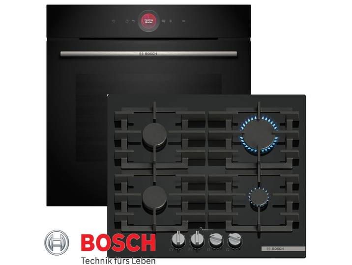 BOSCH Gasherd-Set Bosch Gas-Herdset Autark Backofen Serie8 Schwarz + Gas-Kochfeld Glas, mit Teleskopauszug nachrüstbar, EcoClean Direct, 4D Heissluft, EcoClean Direct, TFT-Display, Gedämpfte Backofentür