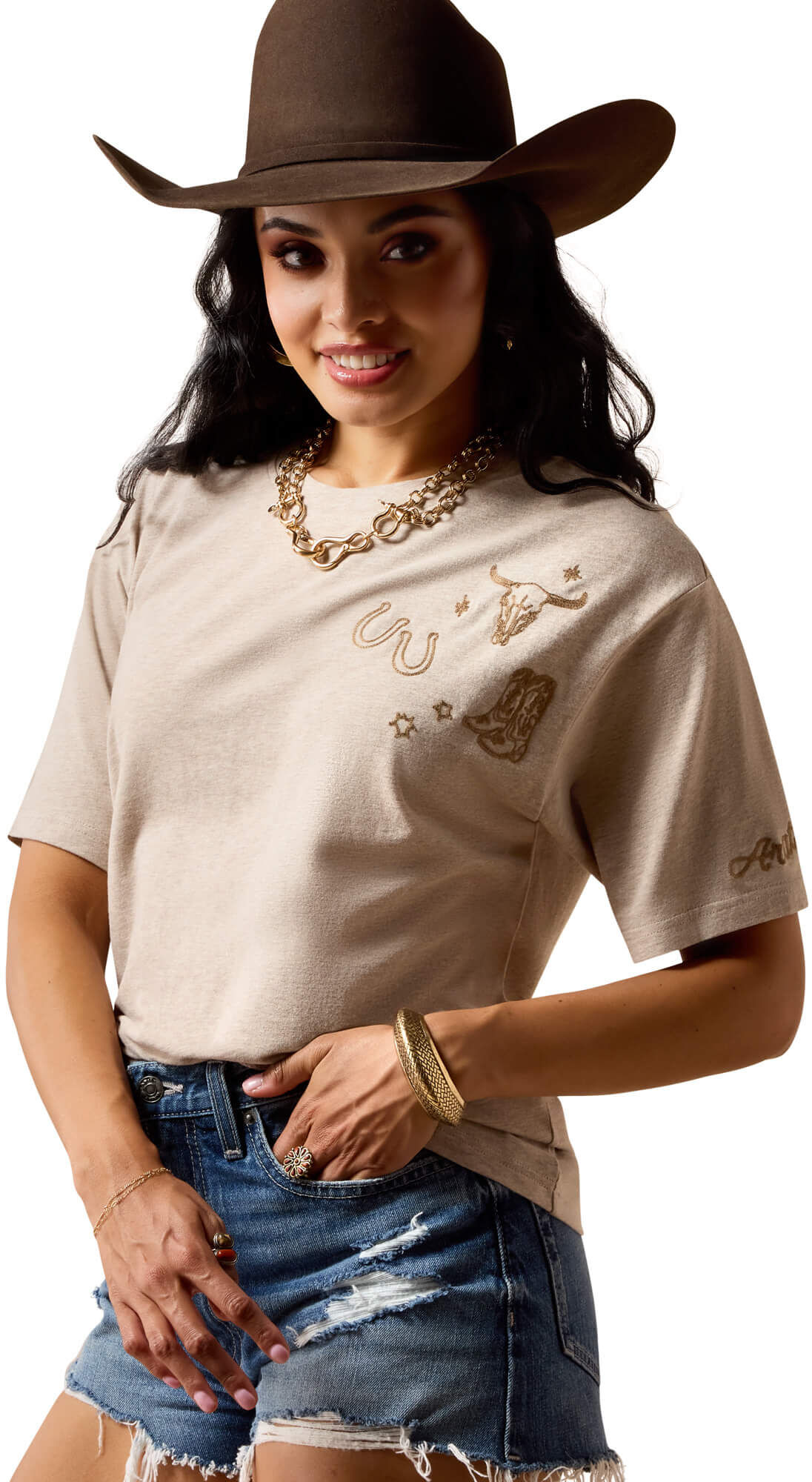 Women's Western Emblem T-Shirt in Oatmeal Heather, Size: XS by Ariat