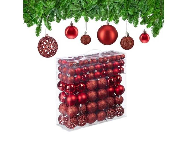 Relaxdays 150x Boules de Noël\, Paillettes\, Mates\, Brillantes\, déco Sapin\, Plastique\, diamètre 3\, 4 et 6 cm\, Rouges