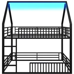 OKWISH Haus-Etagenbett aus Metall, Schwarz, 204x145x214 cm, mit LED-Licht und Schutzgeländer