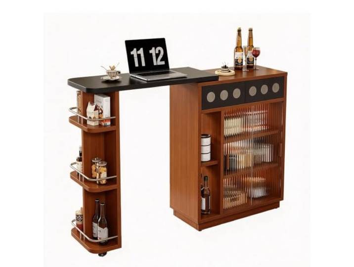 Vintage Ausziehbarer Bartisch Sideboard Insel Kombi für Kleine Wohnung Konsolenschrank Raumteiler mit Stauraum für Wohnzimmer Sofaseite Wandnah(Walnut)
