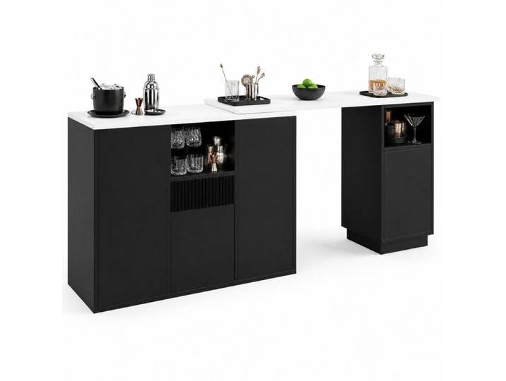 Îlot central pivotant 360° noir – effet marbre rangement ouvert et fermé MDF 210 x 30 x 100 9 cm