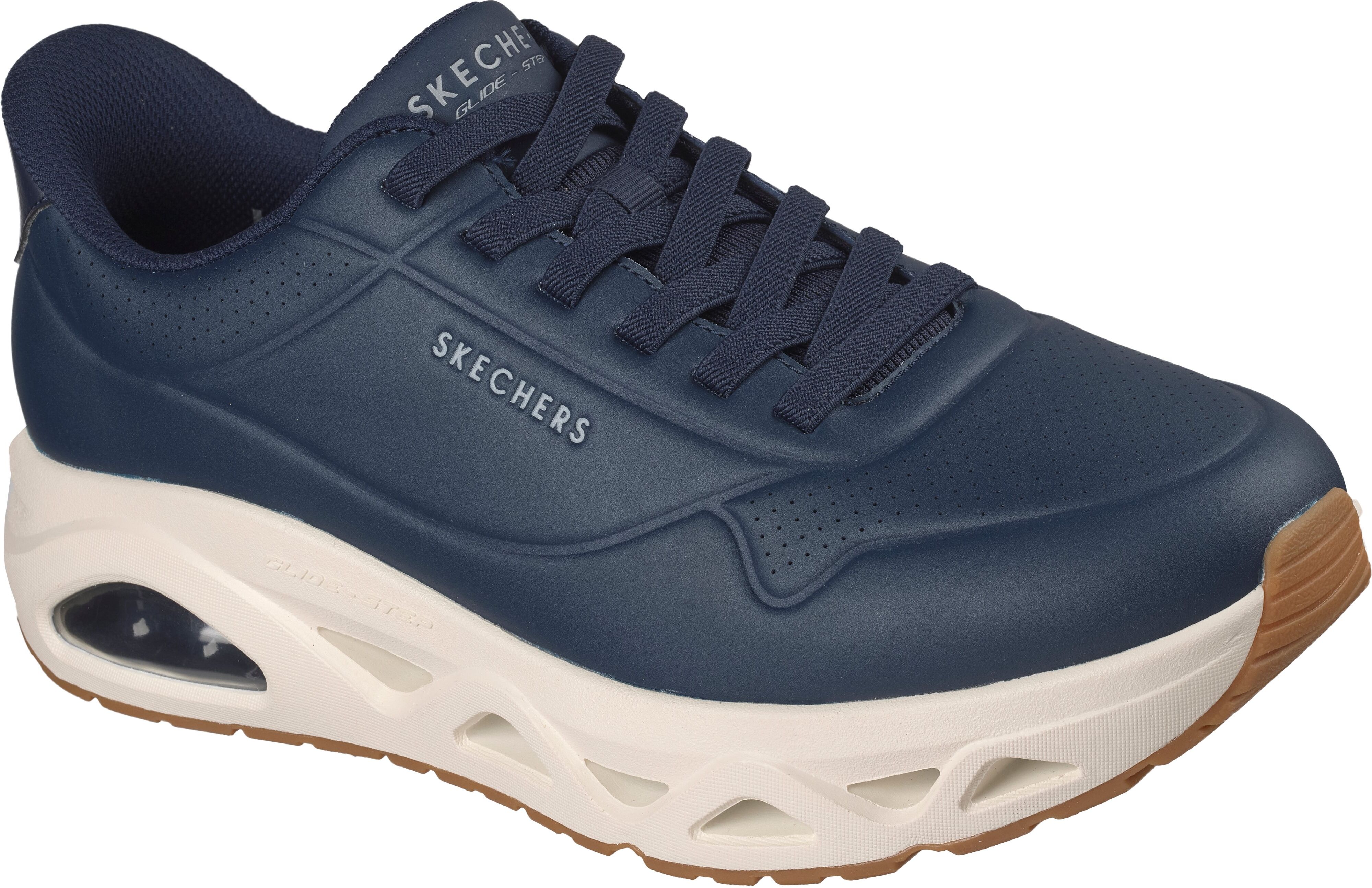 Slip-On Sneaker SKECHERS "UNO GLIDE-STEP-GLIDE ON AIR", Herren, Gr. 46, Textil, blau (navy), Lederimitat, Schuhe Slip-On Sneaker, Schnürschuh, Freizeitschuh mit Handsfree Slip-Ins Technologie
