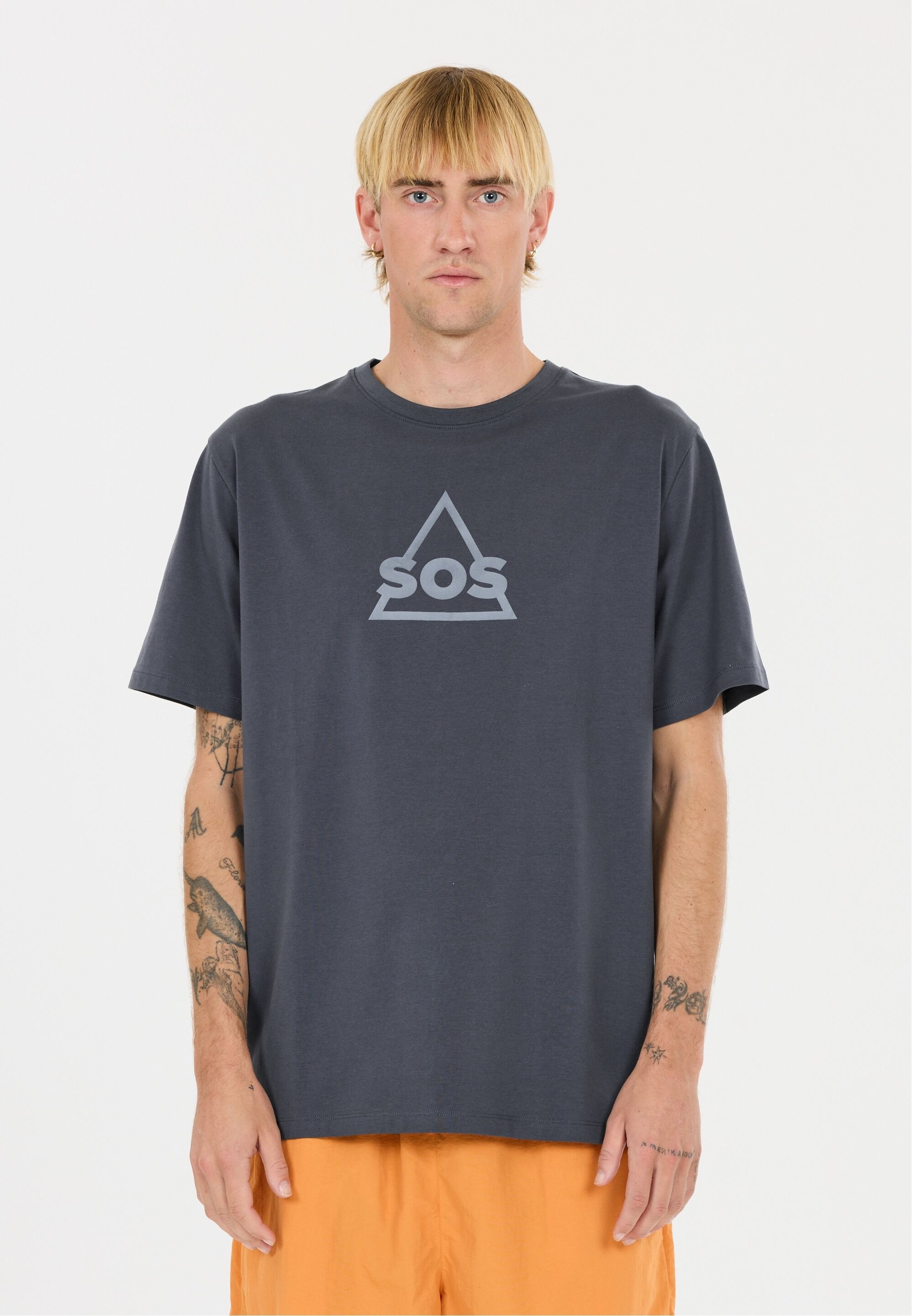Funktionsshirt SOS "Kvitfjell", Herren, Gr. L, grau, 94% Baumwolle, 6% Elasthan, bedruckt, unifarben, normal, Rundhals, Shirts Funktionsshirt, mit biologischer Baumwolle und subtilem SOS-Print