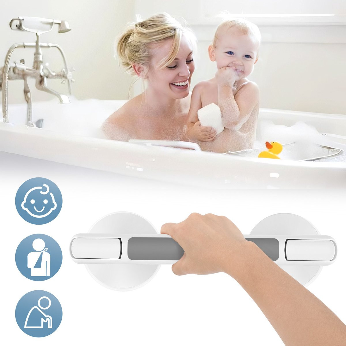 Handgreep met zuignap voor in de douche en badkamer in grijs en wit