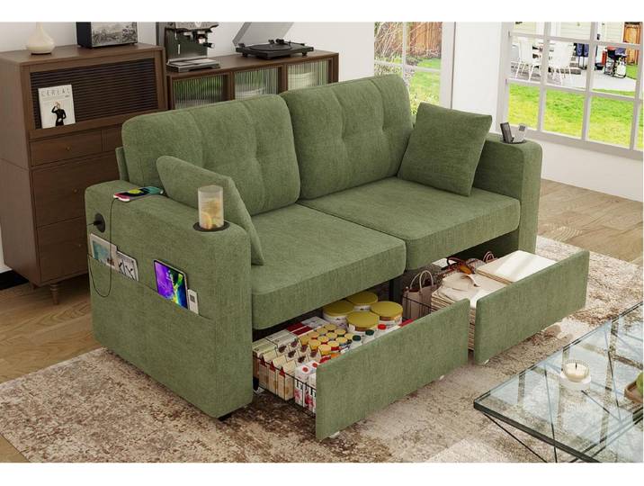 LVHOM 2-Sitzer Loungesofa mit Stauraum, Seitentaschen, Getränkehaltern, USB-/-C-Port, 2xausziehbare Stauraum unten, Seitenfach+Seitentaschen, 2xGetränkehalter, 2xLadeanschlüsse, Chenille, inkl. 2 Zierkissen, Holzrahmen, bis 250 kg, für Wohn-, Schlaf-, Arbeitszimmer & Apartement