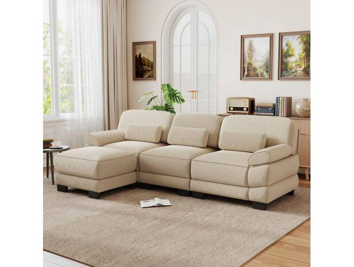 Canapé en velours côtelé beige avec repose-pieds 265x161x94 cm