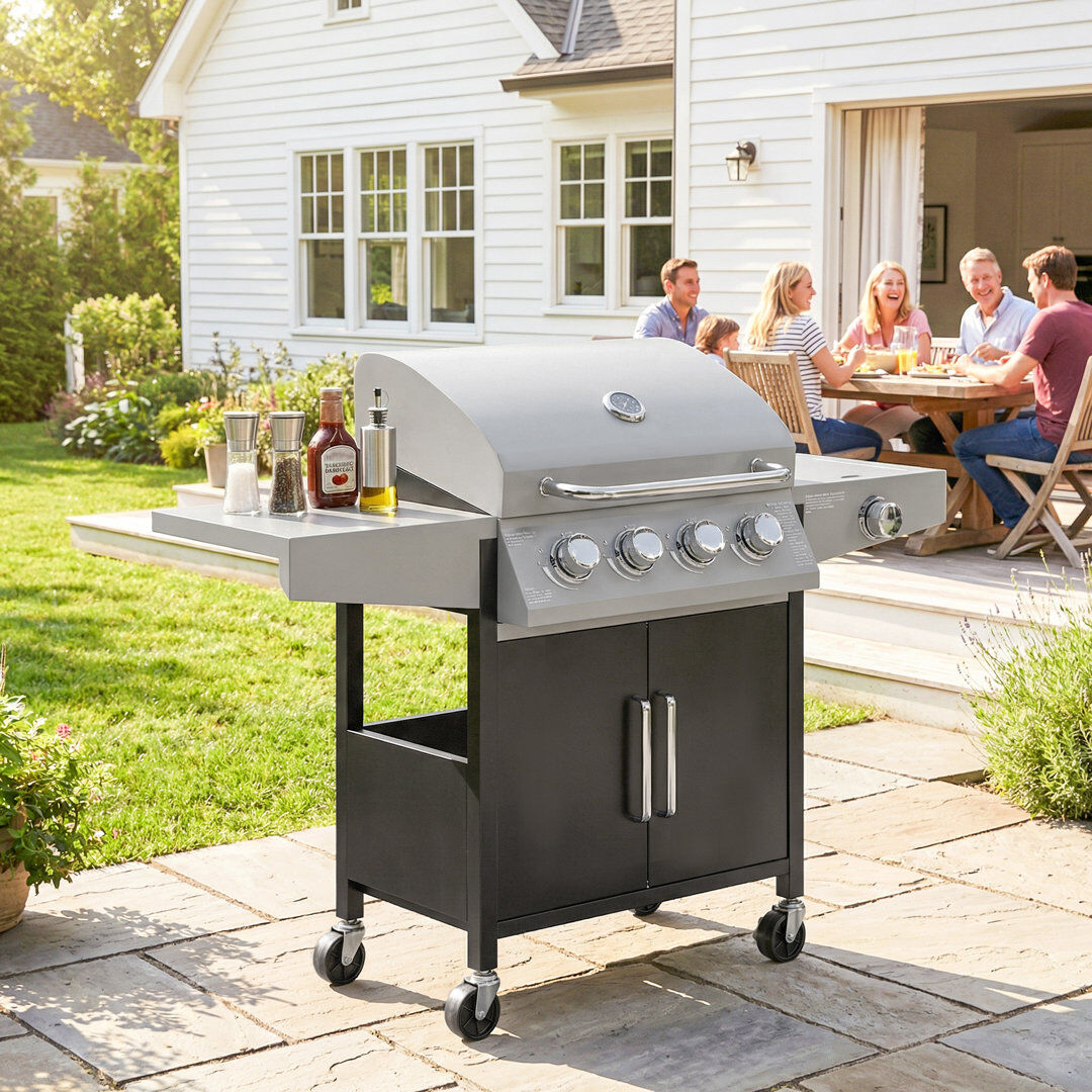 Outsunny 4+1 Burner Gas BBQ Grill with Side Burner, 14.5 kW Barbecue Grill Silver 4