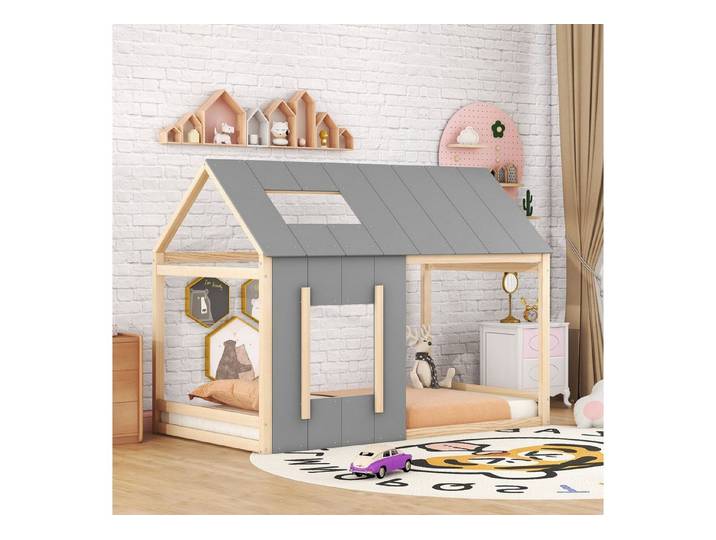 STILVORA Kinderbett 90x200 mit Fenster,Jugendbett Bettgestell in Hausform mit Dach (Kinderbett in Hausform, Einzelhaus-Flachbett mit Dach und Fenster), ohne Matratze