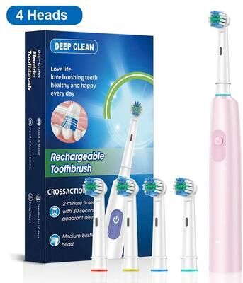 Uplifted Finds Electric Rotary Rechargeable Toothbrush For Adults pink 4 Heads
