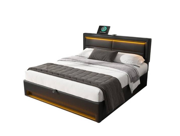 Lit Rembourré 140x190cm USB LED Rangement Intégré PU-Lychee Noir Sans Matelas