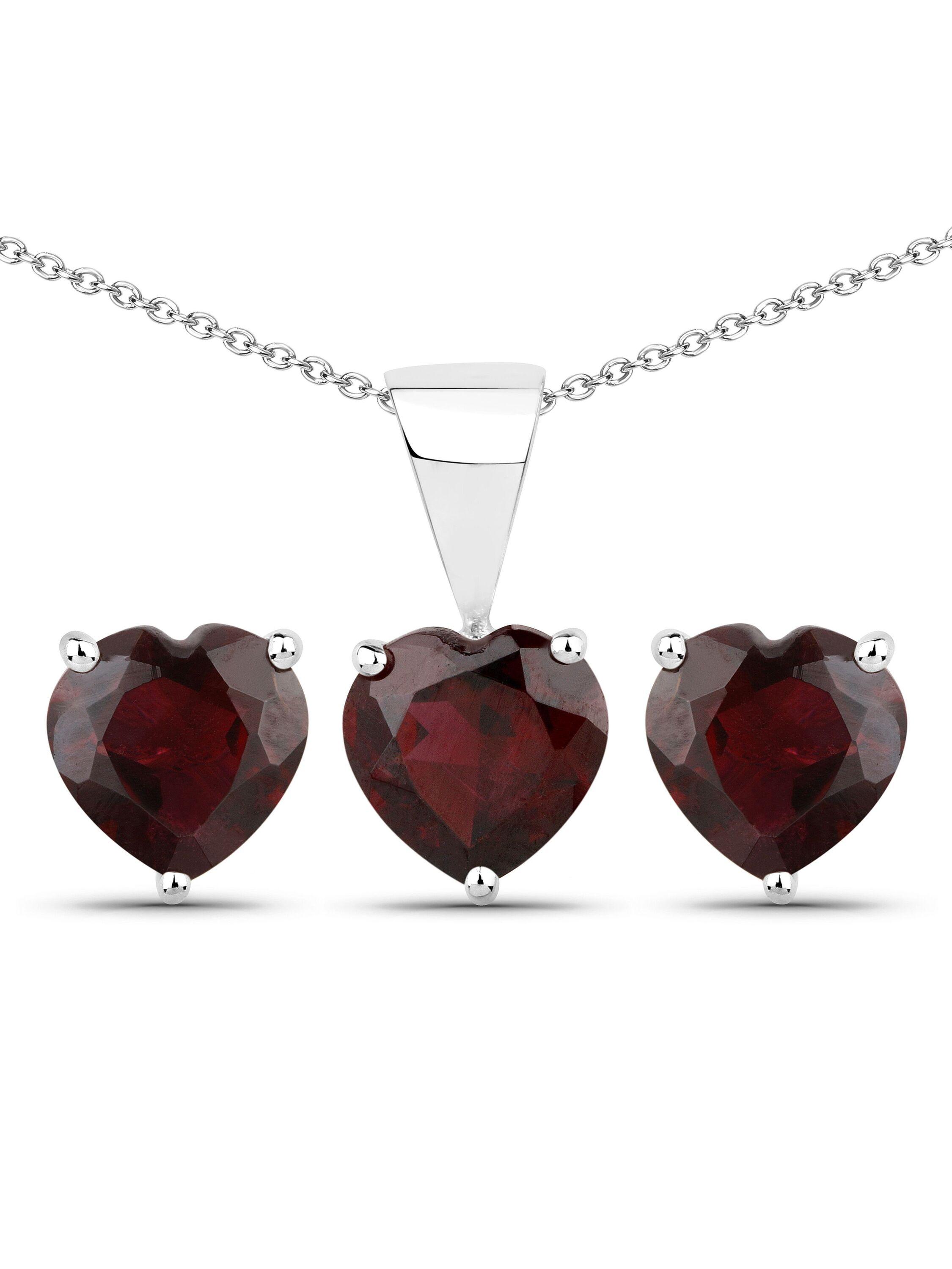 Vira Jewels Schmuck-Set Silber 925 rhodiniert Ohrringe und Halskette mit echtem Granat in Herzform