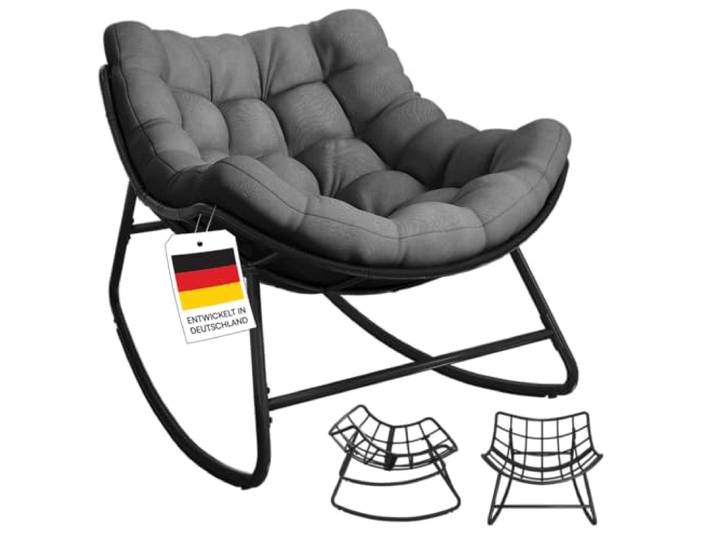 STEELSØN Veldora XXL Schaukelstuhl, Anthrazit, Polyrattan, bis 125 kg Schaukelsessel Outdoor & Indoor, ergonomischer Gartensessel gepolstert, handgeflochten, wetterfest & rutschfest, Loungesessel