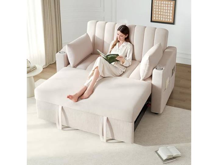 Schlafsofa 2-Sitzer mit Schlaffunktion Leinenoptik Getränkehalter Beige Schlafsofa mit Schlaffunktion, Leinenoptik Bezug, Wohnzimmer und Schlafzimmer, für kleine Wohnungen