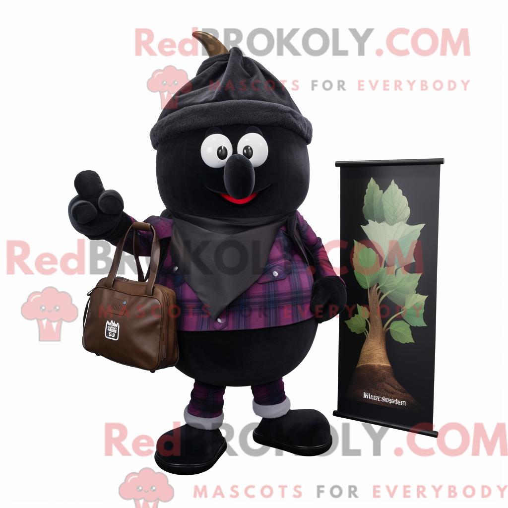 Maskottchenfigur REDBROKOLY einer schwarzen Rübe mit Flanellhemd und Aktentasche