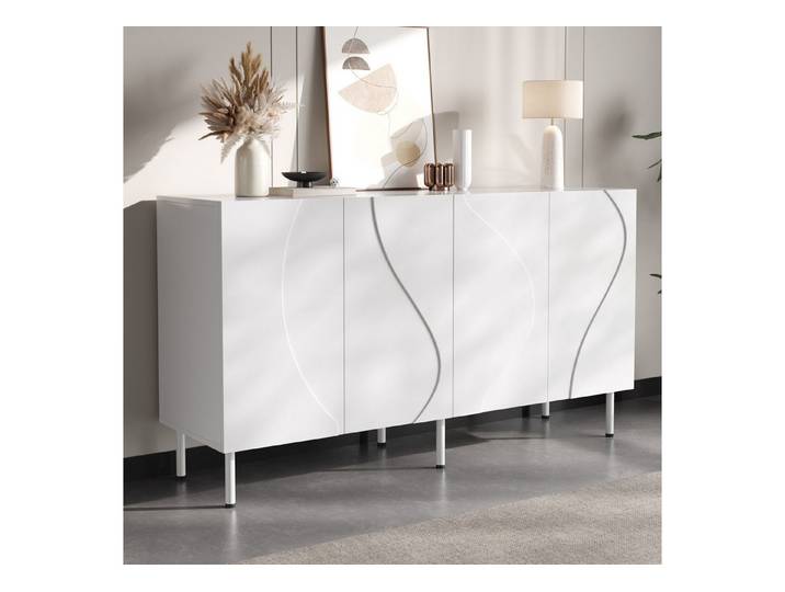 OKWISH Sideboard 3D geschwungene Türen, 4 Fächer, grifflos (Packung, 1 St., Wohnzimmer & Diele, Push-to-Open, modern), PB & MDF, Metallfüße, feste Regalböden