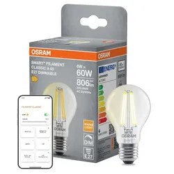 Osram E27 SMART+ MATTER CLASSIC Lampe A60 6W Warmweiss - dimmbar, steuerbar mit App oder Sprachassistent, Matter kompatibel