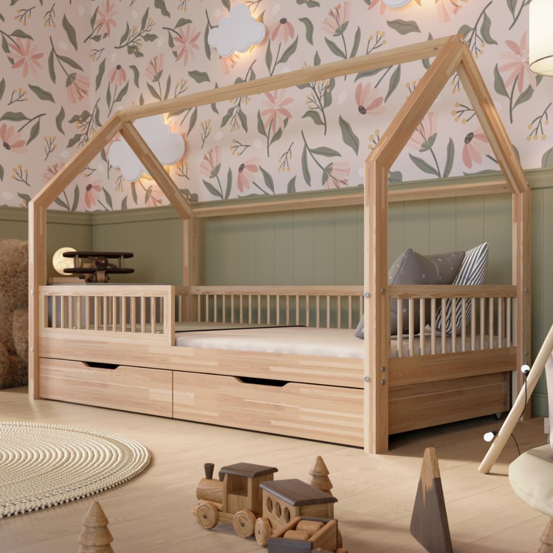 Crazy Pine Hausbett mit Schubladen 190x90 cm - Montessori Kinderbett aus massivem Kiefernholz - Sicheres Kinderbett - Leichter Aufbau - Crazy Polly