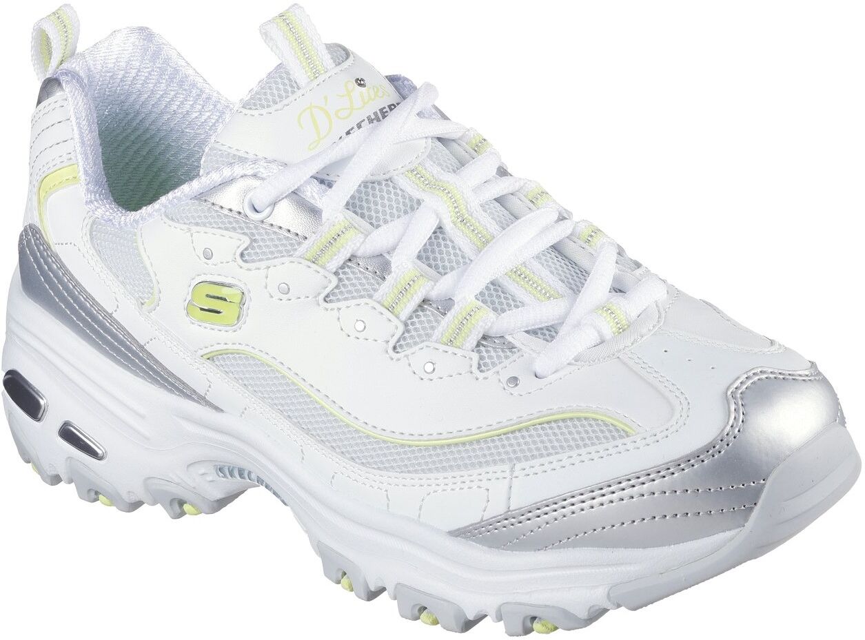 Sneaker SKECHERS "D'LITES-CHROMATIC", Damen, Gr. 35, atmungsaktiv, silber (weiß, silberfarben), Lederimitat, Textil, metallic, Schuhe Sneaker, Plateausneaker, Schnürschuh mit Metallic Einsätzen weiß, silberfarben 35, atmungsaktiv