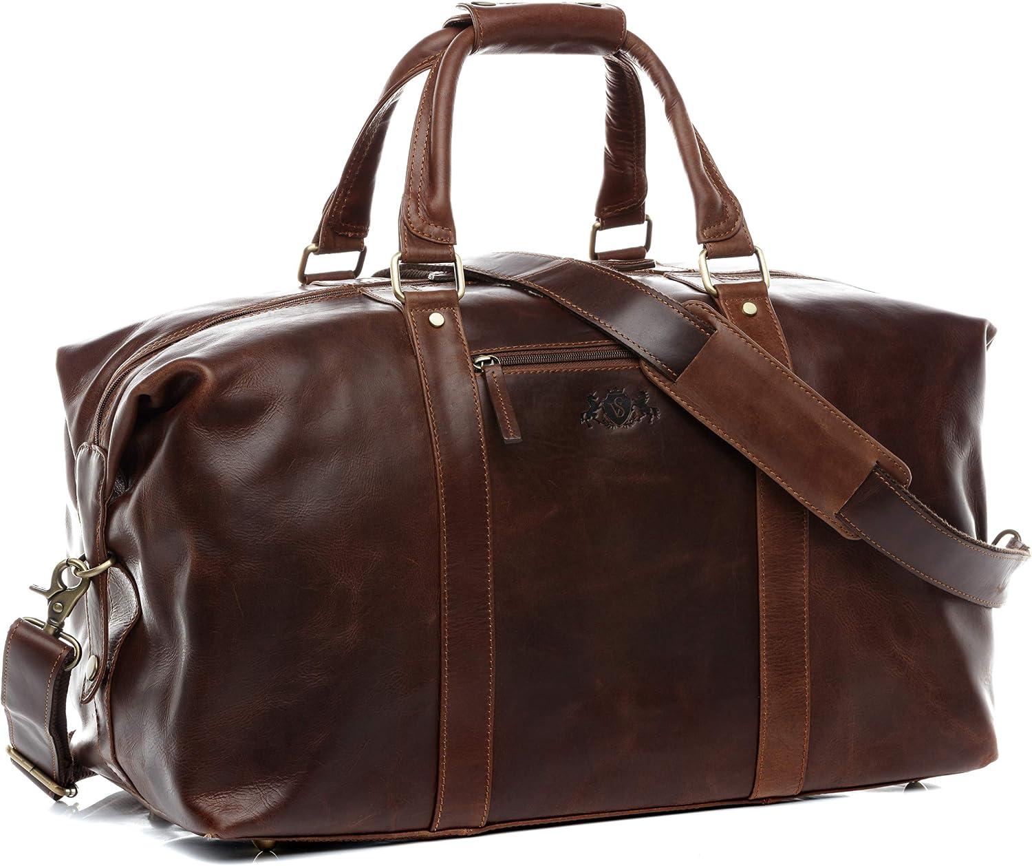 Weekender-Reisetasche aus echtem Leder in Braun-Cognac, 50 x 29 x 25 cm, mit Reißverschluss