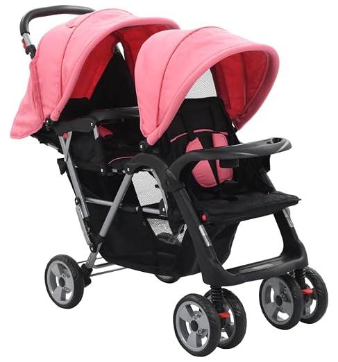 Geschwisterwagen Kinderwagen Babywagen Baby Kinder Buggy Zwillingsbuggy Kinderbuggy Reisebuggy Rosa und Schwarz Stahl