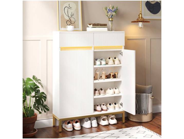 Meuble A Chaussures Blanc Armoire A Chaussures Moderne FloraGrace Pour Entree LED Integree 80x35x103cm