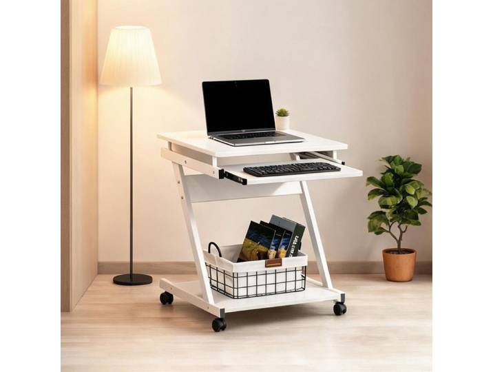 Bureau mobile compact 60x48x73 cm avec tablette clavier et étagère finition blanche idéal chambre ou studio
