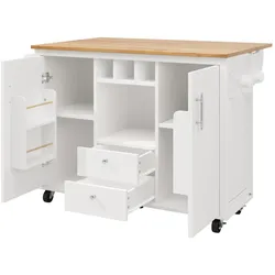 MODFU Kücheninsel MDF/Metall Weiß 137,9x73x92,2 cm mit klappbarer Arbeitsplatte, Rollen und Stauraum