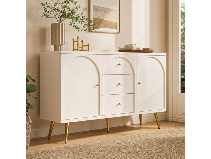 ELVORIN Commode AB20439798B 140 x 40 x 84 cm 2 portes 3 tiroirs etagere reglable blanc creme