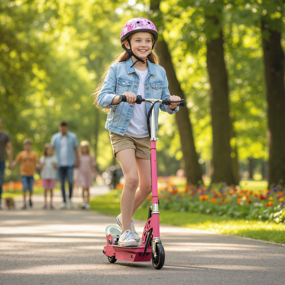 HOMCOM Foldable Powered Scooter with Adjustable Handle, Brake, Pink Pink