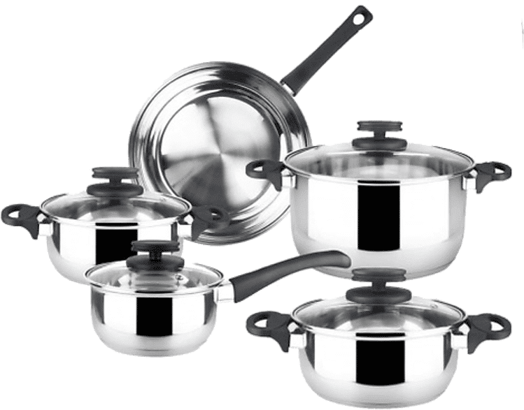 Batería de cocina - Magefesa 01BXSTYLE09, Acero inoxidable, Tapas Cristal, 3x Cacerolas 24, 20 y 18 cm, 1x Cazo 16 Sartén 24 Inox