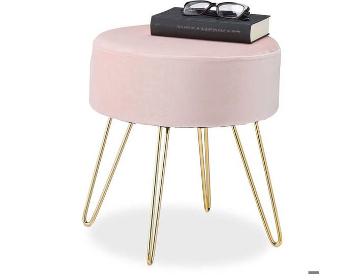 Pouf coiffeuse rond - DEKOPRO - Velours rose - Pieds dorés en métal - Dimensions 40x40 cm - Diamètre assise 36 cm
