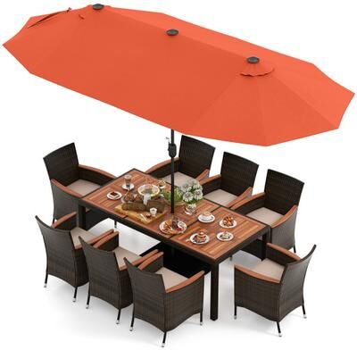 Costway 11 Pieces Patio Dining Set with 15 Feet Double-Sided Patio Umbrella and Base-Orange
