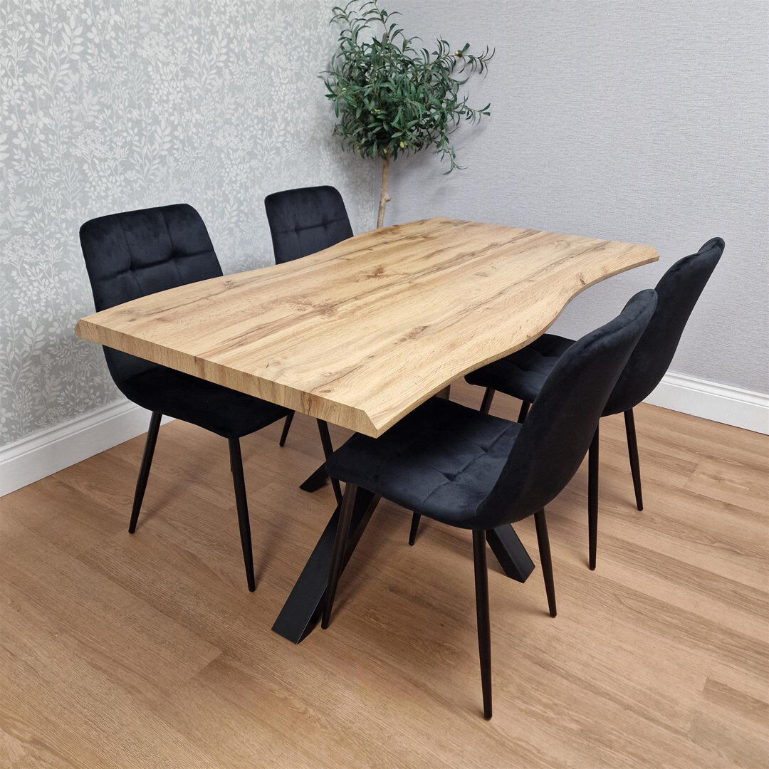 Norden Home Wooden Brown Dining Table with 4 Black Velvet Chairs, Stylish Dining Room Furniture Black 4