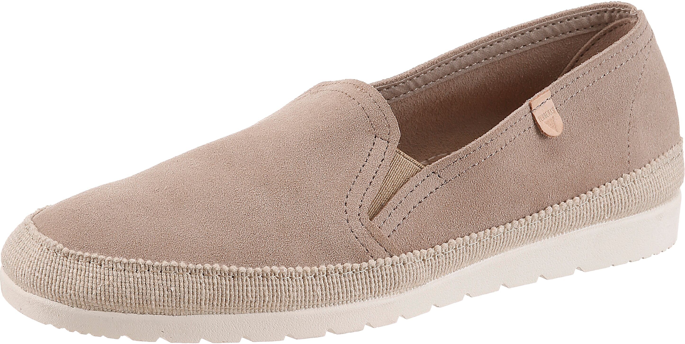 Slipper VERBENAS "NURIA", Damen, Gr. 39, ungefüttert, beige (taupe), Veloursleder, unifarben, Schuhe Slipper, Espadrille, Schlupfschuh, Halbschuh mit Stretcheinsätze taupe 39, ungefüttert