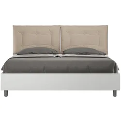 Doppelbett mit Stauraum, Doppellift, 160x190 cm, weißes Eschenholz, taubengraue Kunstlederkissen, Egos Annalisa