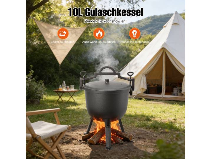Marmite de chasse en fonte 8/10L, pot suspendu pour camping et extérieur, autocuiseur d'extérieur, pot de camping sur trépied, grande marmite à ragoût, pot à soupe