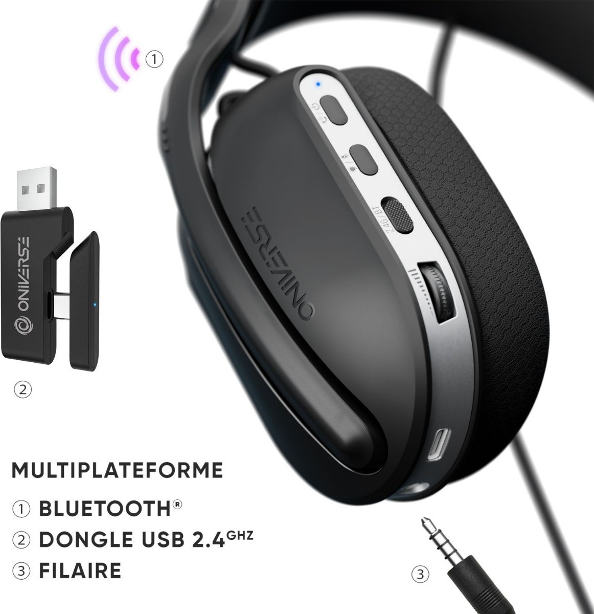 Oniverse Polaris gaming hoofdtelefoon met microfoon, bekabeld en draadloos, zwart