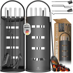 KESSER® Kaminzubehör 5-teiliges Kaminbesteck Set – Modern Design, beschichtet, Hochwertige Kamingarnitur aus 5 Teilen: Besen, Schaufel, Schürhaken, Zange, Ständer mit Sichtschutz Edelstahl