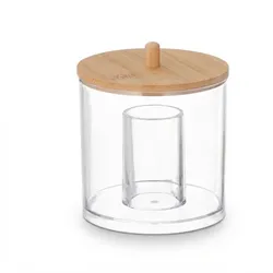 Relaxdays Wattestäbchen-Behälter, Kunststoff, mit Bambusdeckel, Organizer Wattepads und Wattestäbchen, transparent/natur