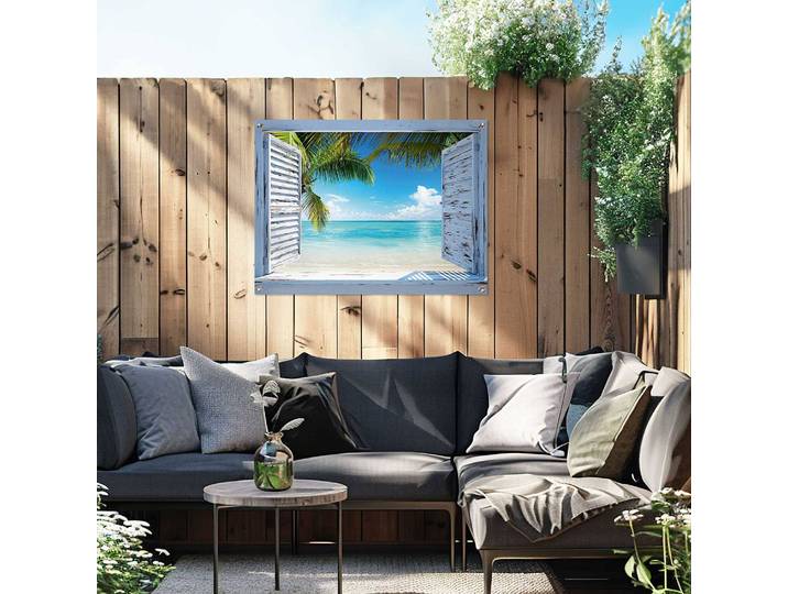 Poster extérieur Fenêtre plage PVC Bleu/Bleu 60 x 80 x 0cm
