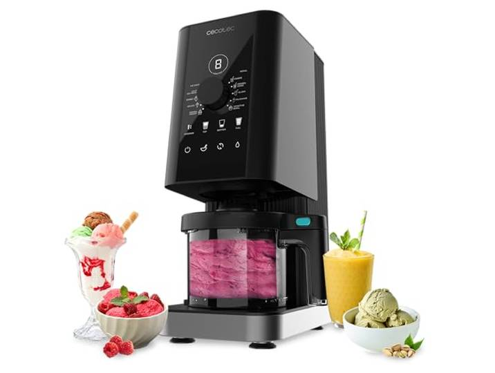 Cecotec Eismaschine Gelatec 1800, CreamOn and Re-Spin für ultra cremig, 10 Programme Eis & Ice-Drinks, Drehregler, Eis in 5 Min nach Einfrieren, 1,35 L mit 3x 450 ml BPA-frei, Mix-ins