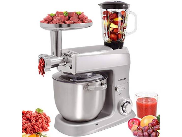 Syntrox Germany 1500 Watt Küchenmaschine Knetmaschine Mixer mit Fleischwolf, Edelstahl-Behälter, 7,5 Liter, silber