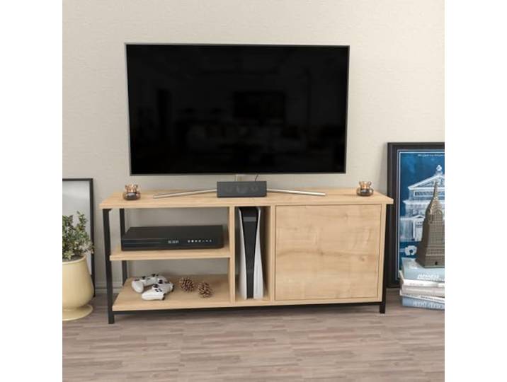 Hanah Home Industrial TV Stand, Black & Oak, 120 x 35.3 x 50.8 cm 100% Melamine Coated Particle Board, 18 mm Thick Stylish & Functional for Modern Living Rooms