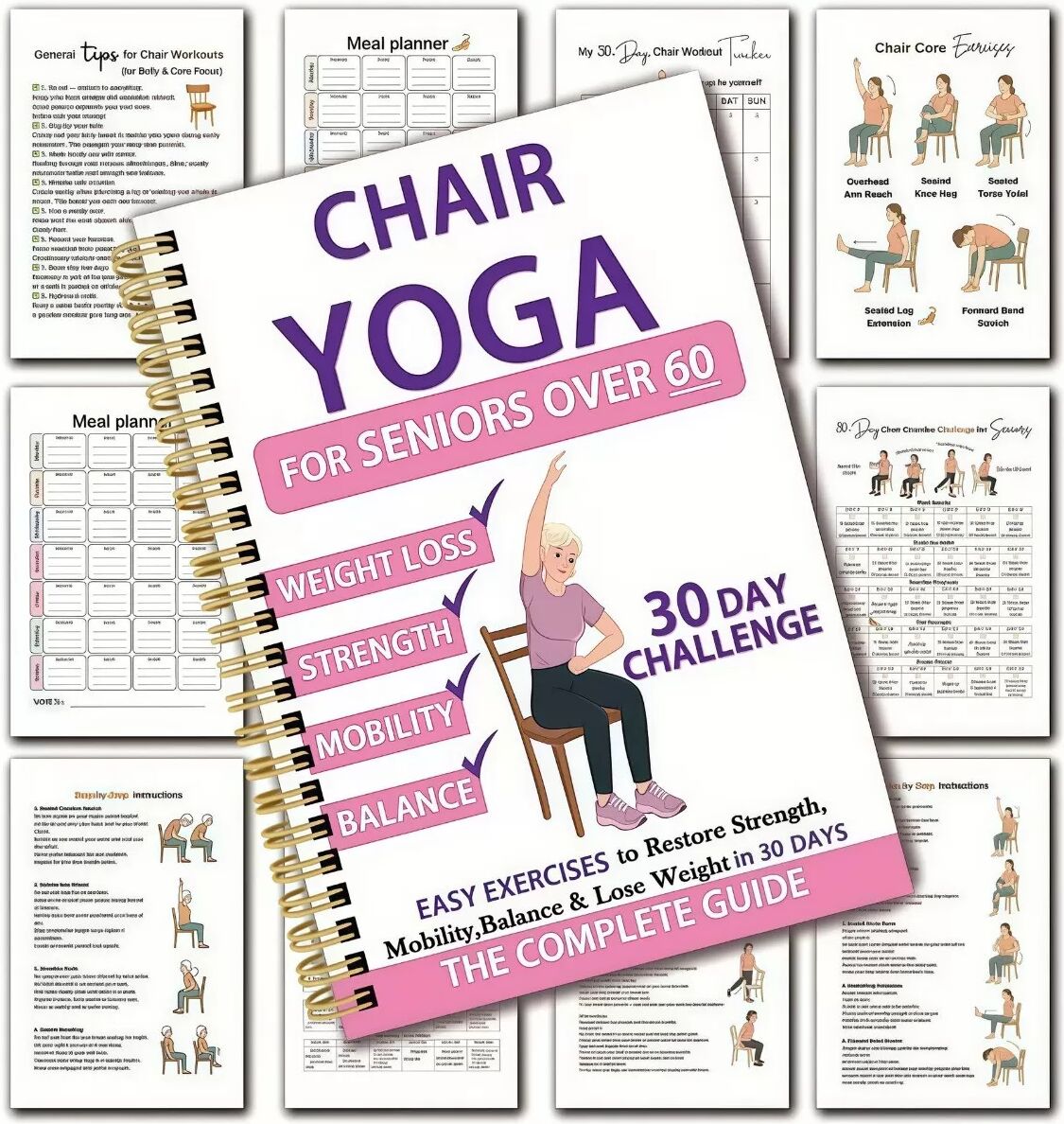 INF Journal de 30 jours pour perte de poids par le yoga - Plan yoga sur chaise, poses et journal d'entraînement senior, papier