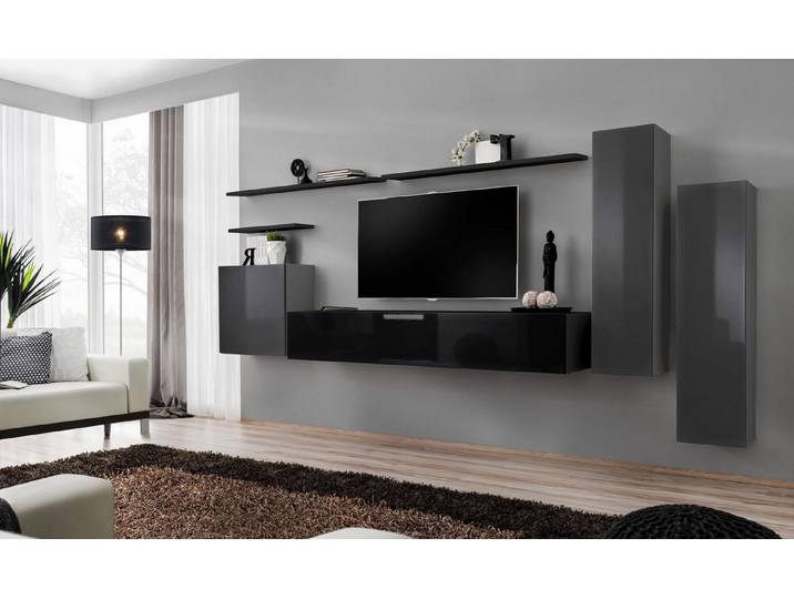 Xlmoebel Wohnwand Luxus Designer Möbel Grau TV-Ständer mit Wandregal, Made in Europa