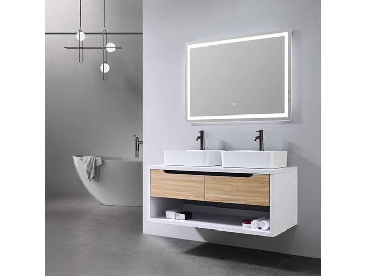 Meuble de salle de bain double vasque 120cm bois et blanc avec miroir LED LB-8153-120 LuxuryBain-